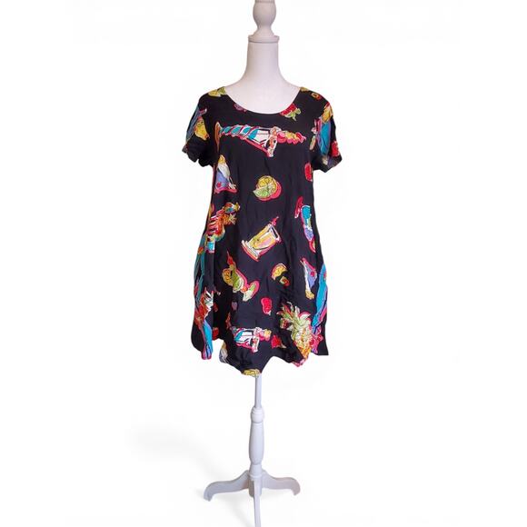 Vintage Dresses & Skirts - Vintage 90s Tropical Drinks Trapeze Swing Short Sleeve Mini Dress Colorful
